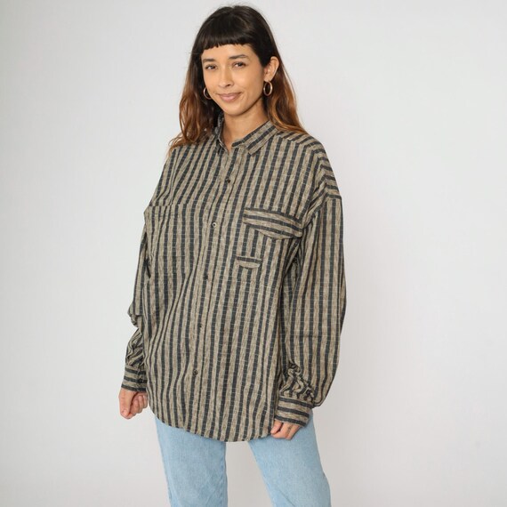 Vintage 80s Striped Shirt Men's Button Up Shirt Chest Pocket Black Brown Long Sleeve Collared Preppy Retro 1980s Cotton Extra Large xl