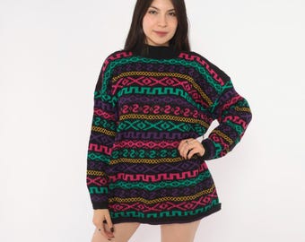 90s Fair Isle Sweater Black Rainbow Geometric Knit Pullover Pink Purple Teal Nordic Pattern Boxy Grandpa Slouchy Colorful Knitwear Large L