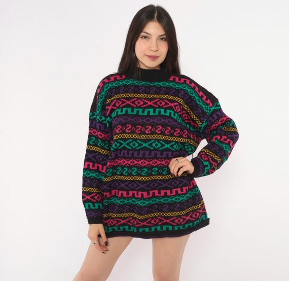 90s Fair Isle Sweater Black Rainbow Geometric Knit Pullover Pink Purple Teal Nordic Pattern Boxy Grandpa Slouchy Colorful Knitwear Large L