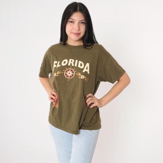 Vintage Florida Shirt 90s Olive Green Nautical Compass T-Shirt Shell Graphic Tee Tourist Travel Tshirt 1990s Large L