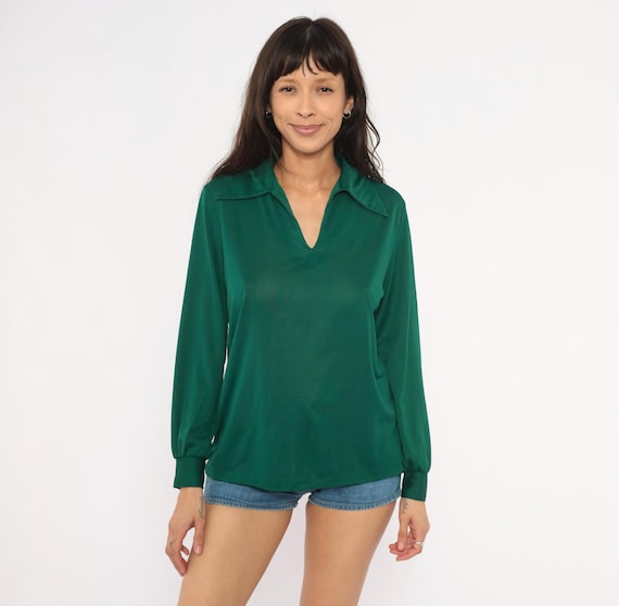 70s Emerald Polo Blouse V Neck Collared Forest Green Long Sleeve Pullover Top Hunter Shirt Balloon Cuff Women Vintage Fitted Large L