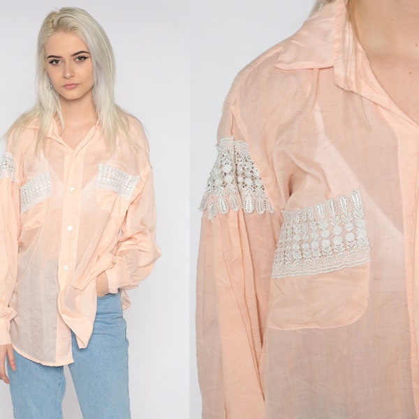 90s Sheer Shirt Peach Pink Crochet Lace Top Pastel Button Up Shirt Vintage See Through Blouse Collar Long Sleeve Shirt 1990s Extra Large xl