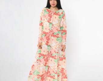 Bata floral de los años 70, maxi chaqueta de lencería vintage, camisón largo abotonado, bata bohemia de los años 70, manga larga, rojo, rosa, verde, talla pequeña S