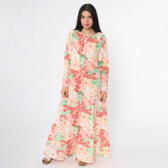 70s Floral Robe Maxi Lingerie Jacket Vintage Long Button Up Nightgown Robe Boho 1970s Long sleeve Red Pink Green Small S