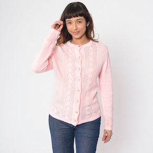 70s Baby Pink Cardigan Pointelle Knit Button up Sweater Open Weave Cutout Boho Pastel Grandma Cut Out Spring Acrylic Vintage 1970s Small S