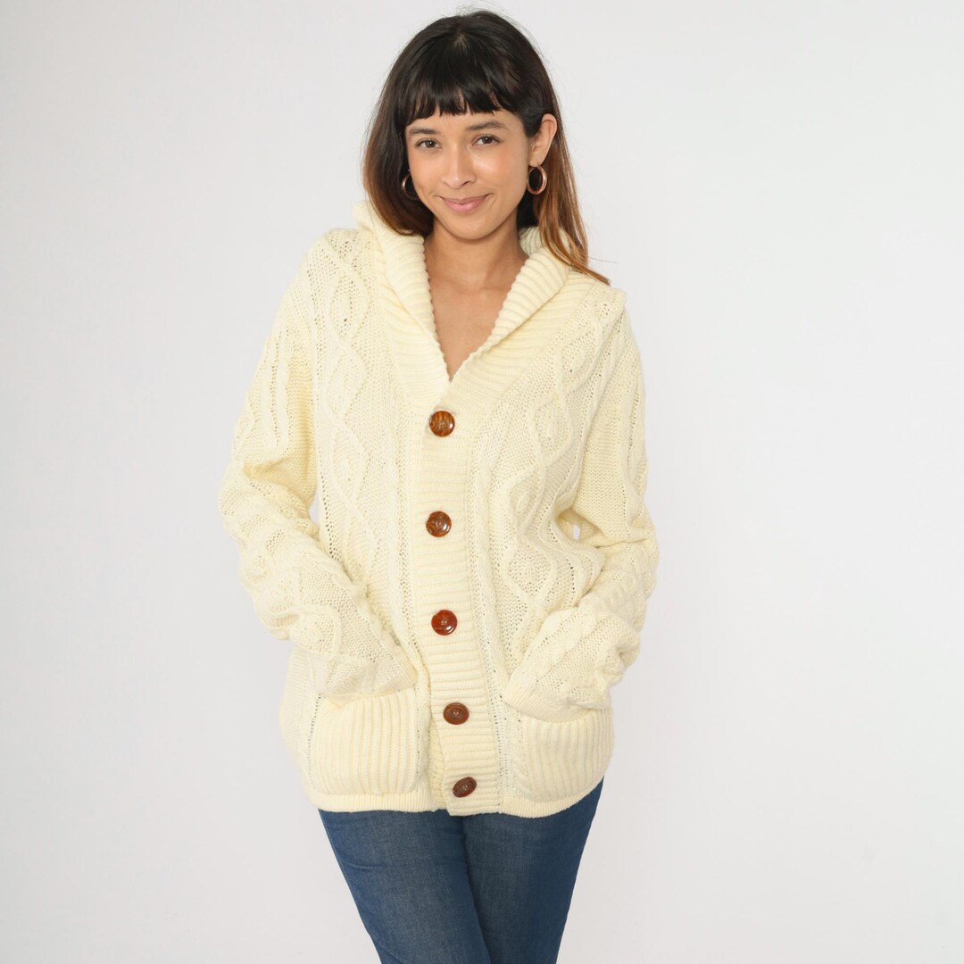 Vintage 70s Cable Knit Cardigan Cream Fisherman Sweater Boho