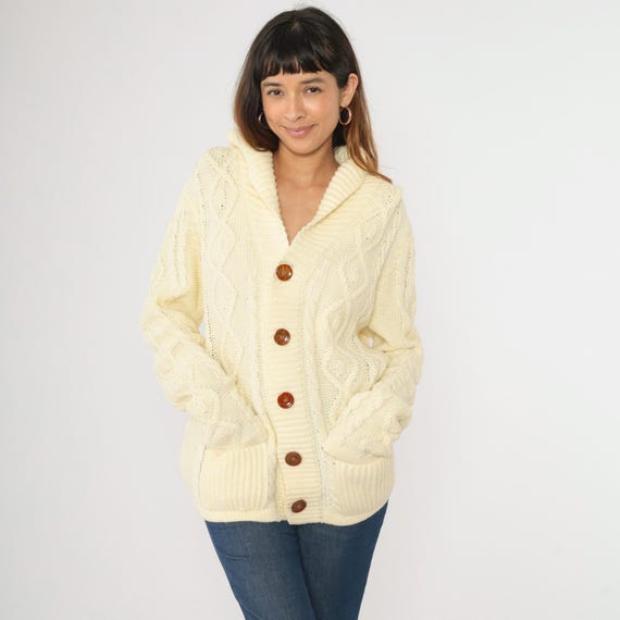 Vintage 70s Cable Knit Cardigan Cream Fisherman Sweater Boho Hippie Acrylic Button Up Shawl Collar 1970s Bohemian Men's Medium