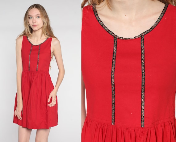 Red Mini Dress 60s Dirndl Style Dress High Waiste… - image 1