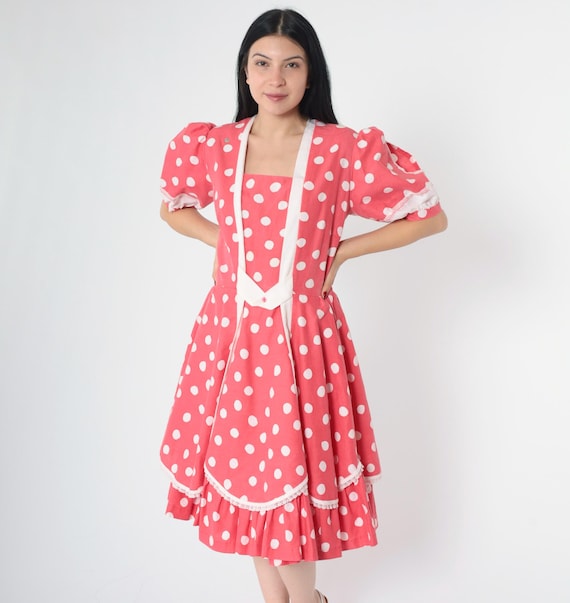 Vintage 80s Polka Dot Square Dance Dress Pink Puff Sleeve Lace Trim Keyhole Ruffle Hem Western Rockabilly 1980s Cottagecore Western Large 12
