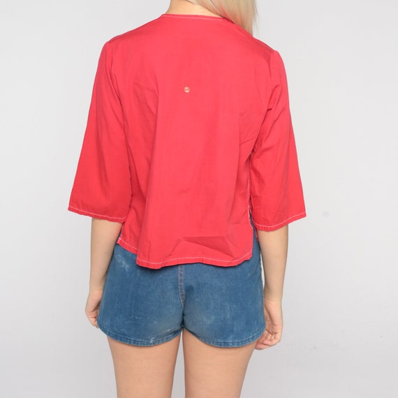 70s Red Blouse Simple Boho Button Up Shirt Short … - image 6