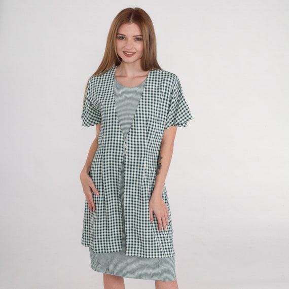 Gingham Dress 90s Teal White Mini Dress Layered Button up Checkered Retro Day Casual Shift Short Sleeve Minidress Vintage 1990s Medium Large