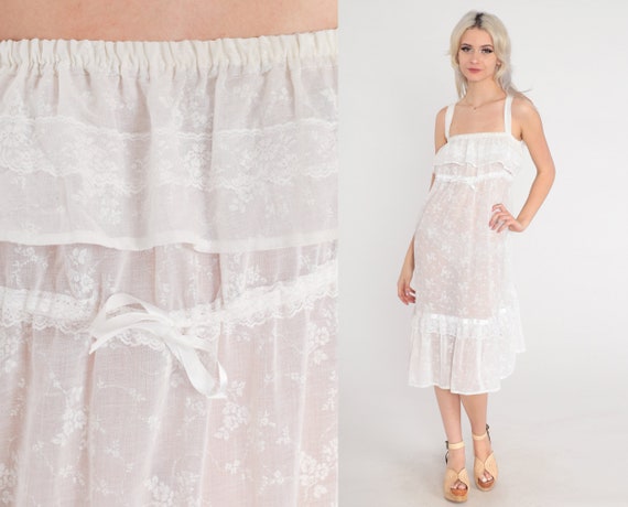 Floral Peasant Dress 70s Sheer White Dress Flounce Sundress Empire Waist Midi Boho Sun Dress Vintage 1970s Bohemian Summer Small Medium