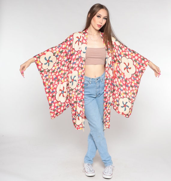 60s Kimono Robe -- Red Floral Silk Robe Bohemian Wrap Flower Power Print 1960s Boho Hippie Kimono Japanese Flower Robe Small Medium