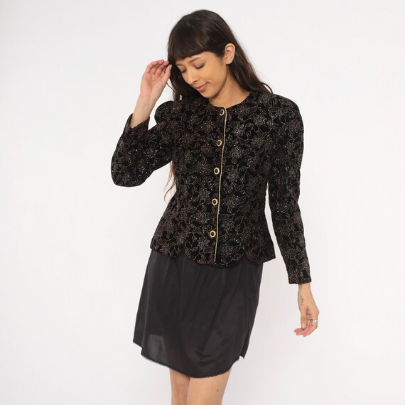 Glitter Floral Velvet Jacket 90s Black Gold Button Front Cardigan Scalloped Evening Blazer Sparkle Top Fitted Peplum Holiday Party Small S