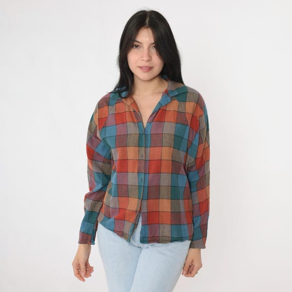 80s Checkered Blouse Vintage Cotton Linen Blend Plaid Shirt 80s Checkered Blouse Vintage Cotton Linen Blend Plaid Shirt