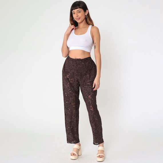 Vintage Sheer Floral Pants 90s Brown Burnout High Elastic Waist Straight Tapered Leg Boho Hippie Trousers 1990s Small xs s