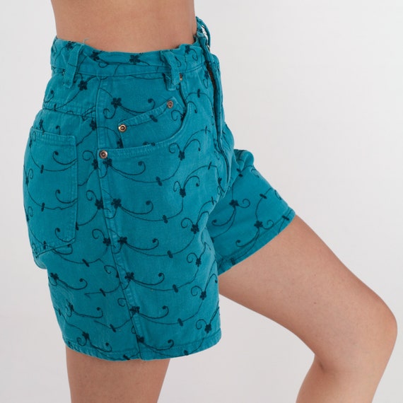 Embroidered Jean Shorts 90s Teal Blue Floral Denim Shorts High Waisted Jean Shorts Flower Print Vintage 1990s Shorts Small 27