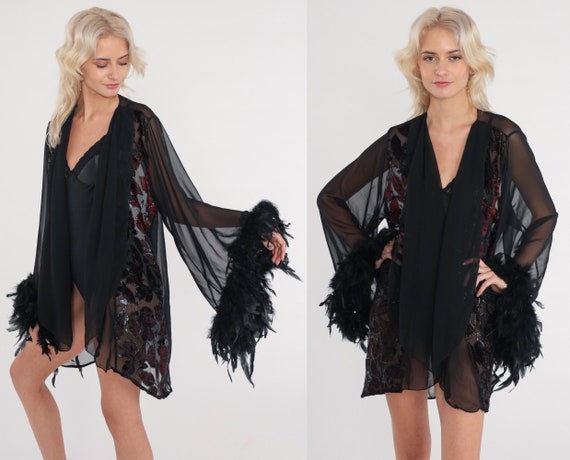 Black Feather Robe 90s Sheer Lingerie Jacket Kimono Wide Sleeve Velvet Burnout Leaf Print Vintage Fredricks of Hollywood 1990s Medium Large