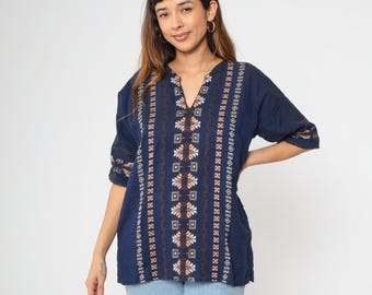 Aztec Embroidered Top 90s Hippie Shirt Dark Blue Guatemalan Blouse V Neck 3/4 Sleeve Boho Vintage Mexican 1990s Extra Large xl