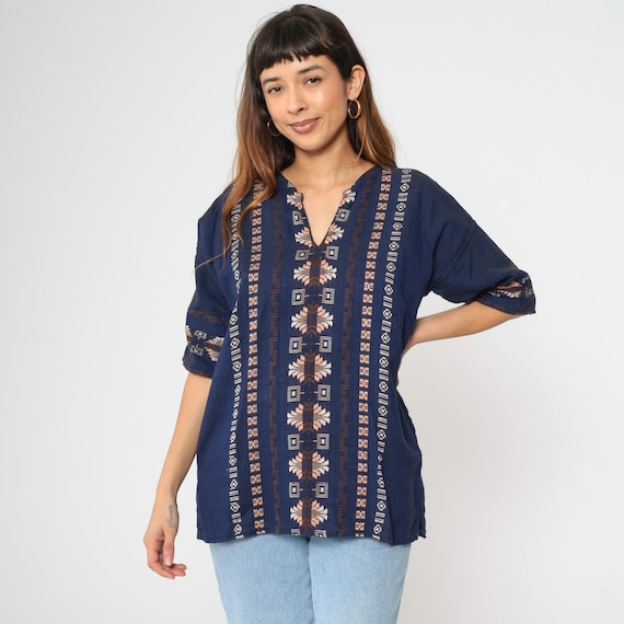 Aztec Embroidered Top 90s Hippie Shirt Dark Blue Guatemalan Blouse V Neck 3/4 Sleeve Boho Vintage Mexican 1990s Extra Large xl