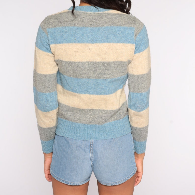 Wool Striped Sweater 80s Knit Tan Grey Blue Sweater Slouch 1980s Jumper Vintage Pullover Retro Small S image 6