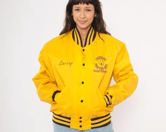 80s Varsity Jacket Yellow Gold Bomber Windbreaker Striped Rib Trim Sportswear Rodeo Western Cowboy Horse Collegiate Satin Coat Medium M