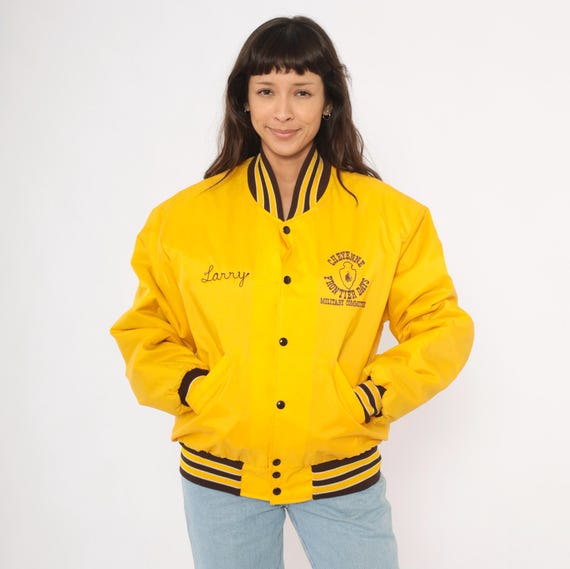 80s Varsity Jacket Yellow Gold Bomber Windbreaker Striped Rib Trim Sportswear Rodeo Western Cowboy Horse Collegiate Satin Coat Medium M