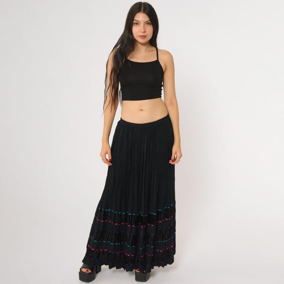 Broomstick Skirt 90s Black Maxi Colorful Embroidered Tiered Peasant Prairie Boho Festival Elastic Waist Flowing Bohemian Whimsigoth Small S