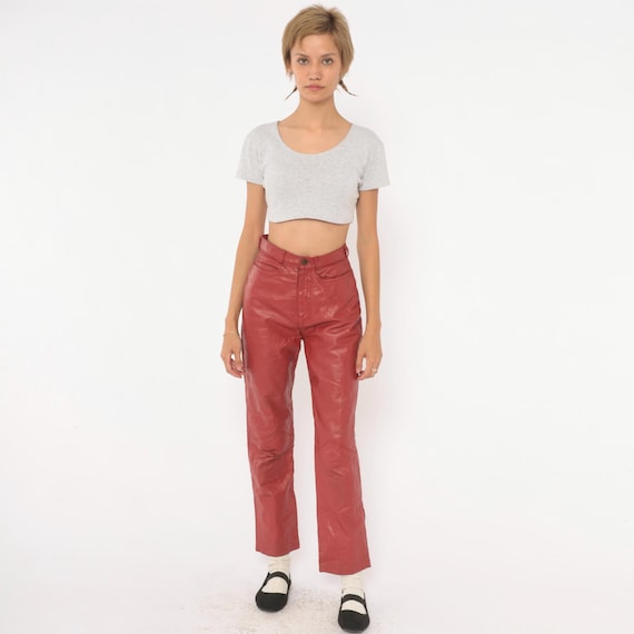 90s Red Leather Pants High Waist Straight Leg Trousers Moto Biker Cranberry Rust Rockstar Grunge Alt Vintage Womens Extra Extra Small XXS