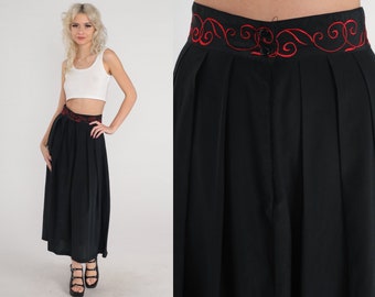 Black Midi Skirt 70s High Waisted Skirt Red Vine Embroidered A Line Gothic Pleated Long Witchy Bohemian Vintage 1970s Extra Small xs 25