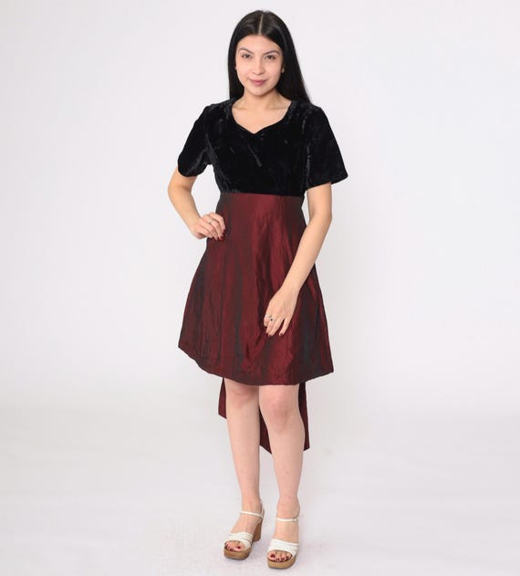 Vintage 90s Party Dress Black Velvet Burgundy Taffeta Mini Dress Retro High Waist Bow Back Formal Evening Minidress Going Out 1990s Small S