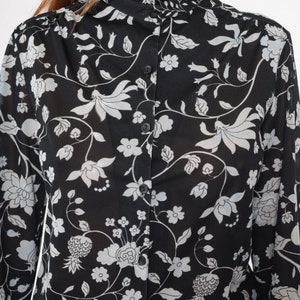 Sheer Floral Blouse 70s Black Boho Top Button Up Shirt Bohemian Ruffle Neck Stand Collar Long Sleeve Shirt 1970s Vintage Hippie Medium image 6