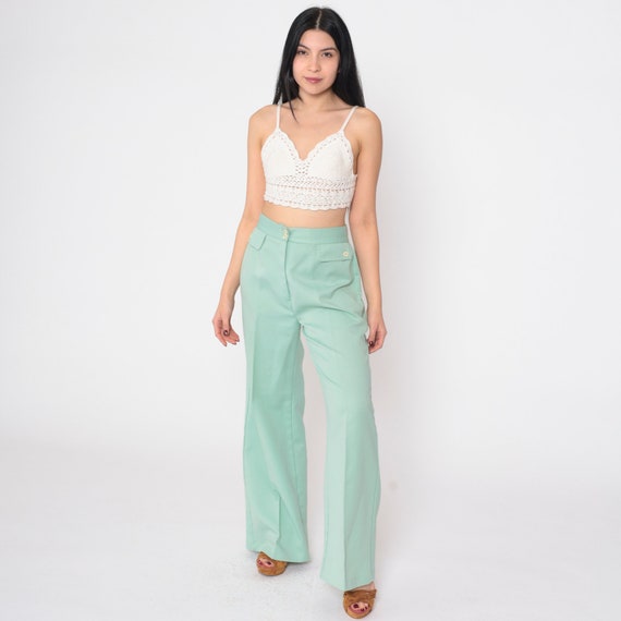 Mint Green Bell Bottom Pants 70s Belbottoms Flared Trousers Creased High Waisted Boho Hippie Slacks Retro Seventies Vintage 1970s Small S 27