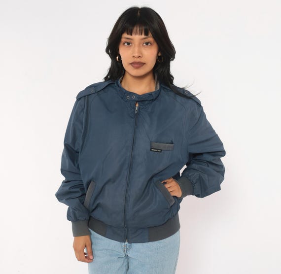 80s Members Only Bomber Jacket Navy Blue Harrington Cafe Racer Snap Collar Grey Ribbed Trim Windbreaker Chest Pocket Unisex Vintage Medium M