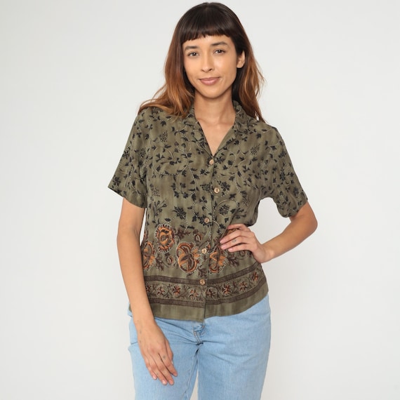 Botanical Floral Shirt 90s Olive Green Rayon Paisley Border Print Short Sleeve Button Front Vintage Summer Top Casual Work Wear  Medium M