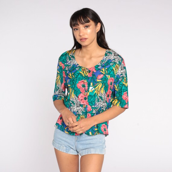 Tropical Floral Blouse 80s Button Up Short Sleeve… - image 4