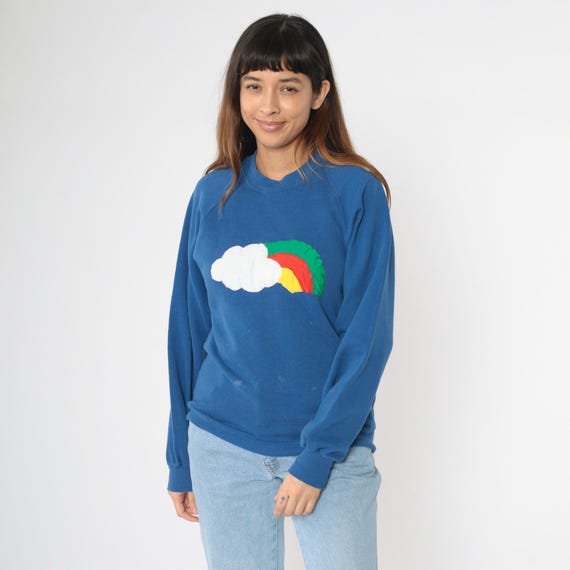 Vintage Rainbow Clouds Sweatshirt Blue Jerzees Pullover 80s Novelty Print Slouchy 1980s Raglan Sleeve Crewneck Slouch Top Small S