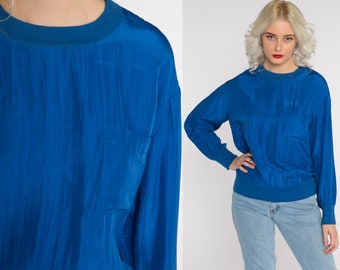 80s Blue Silk Top Long Sleeve Shirt Slouchy Top Retro Tshirt Vintage 1980s Shiny Pocket Shirt Plain Royal Blue Small S