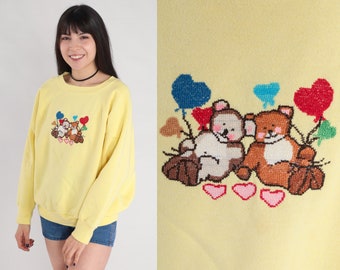 Teddy Bear Sweatshirt 80s Yellow Sweatshirt Cross Stitch Balloon Graphic Shirt Raglan Sleeve Grandma Sweater Vintage 1980s Extra Large xl