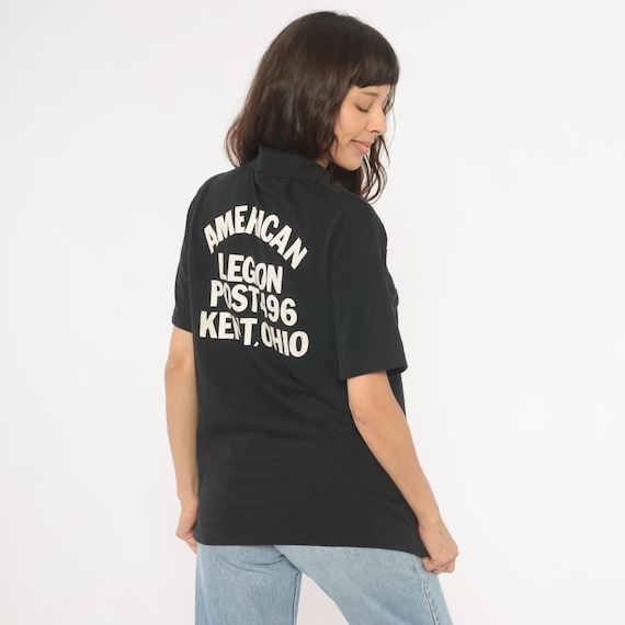 American Legion Polo 80s Black Bowling Shirt Kent Ohio Post 496 Pocket Tee Collared Short Sleeve Uniform Club Top Vintage Large L