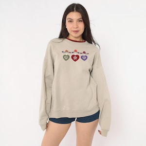Sudadera con botones bordados estilo años 90, apliques de arte popular, cuello redondo, color topo, algodón, jersey, patchwork campestre, cuadros, estrella, vintage, talla M