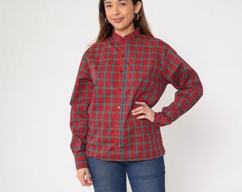 80s Red Plaid Shirt Checkered Blouse 1980s Vintage Button Up Top Ruffle Collar Long Sleeve Green Medium M