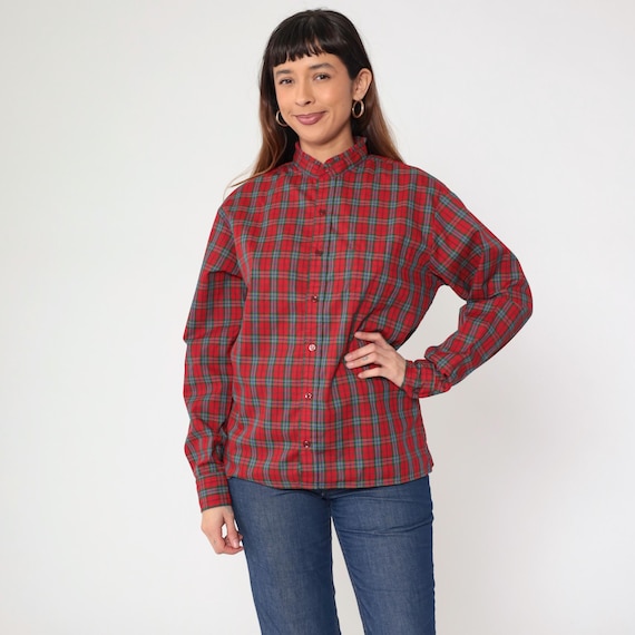 80s Red Plaid Shirt Checkered Blouse 1980s Vintage Button Up Top Ruffle Collar Long Sleeve Green Medium M
