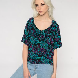 Floral Ruffle Shirt Short Sleeve Blouse Black Green Flower Print Top 80s 90s Boho Grunge Top Bohemian 1980s Vintage Romantic Flounce Large