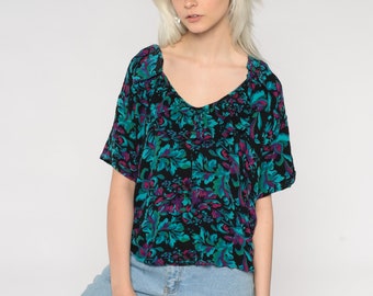 Floral Ruffle Shirt Short Sleeve Blouse Black Green Flower Print Top 80s 90s Boho Grunge Top Bohemian 1980s Vintage Romantic Flounce Large
