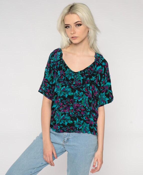 Floral Ruffle Shirt Short Sleeve Blouse Black Green Flower Print Top 80s 90s Boho Grunge Top Bohemian 1980s Vintage Romantic Flounce Large