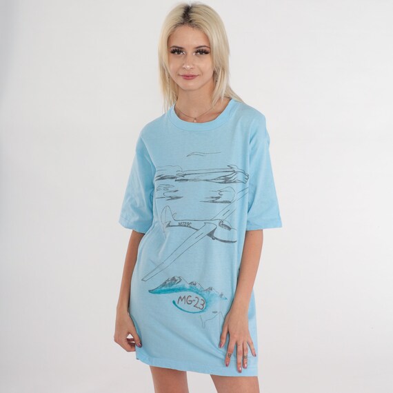 90s Airplane T Shirt Dress Oberlerchner Mg 23 Plane Shirt Austrian Sailplane Graphic Single Stitch Baby Blue Vintage 1990s Extra Large xl