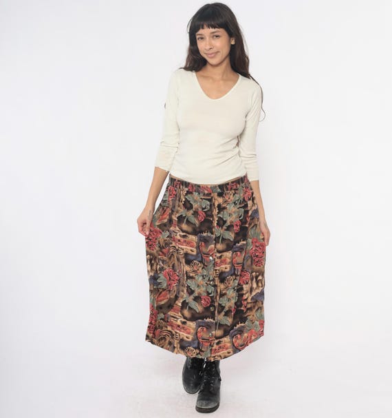 90s Floral Animal Print Skirt Pink Green Brown Leopard Tiger Watercolor Flower Cottagecore Bohemian Hippie Grunge Vintage Medium Large M L