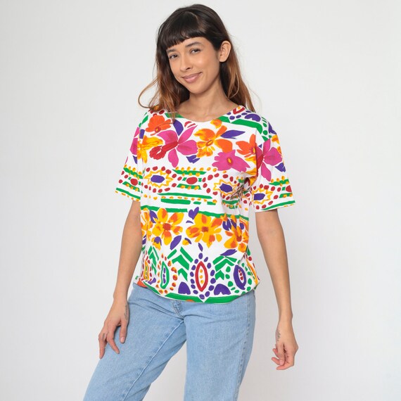 Tropical Floral Shirt 90s Bright Hawaiian Flower Print T-Shirt Retro Striped Short Sleeve Botanical White Pink Orange Vintage 1990s Large L