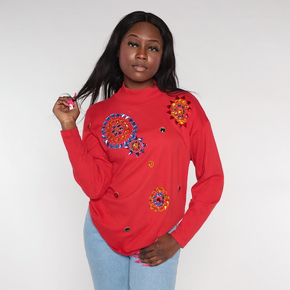 Rhinestone Shirt 90s Red Jewel Top Long Sleeve Crystal Bedazzled Mandala TShirt Retro Mock Neck Sparkly Blouse Vintage 1990s Small S